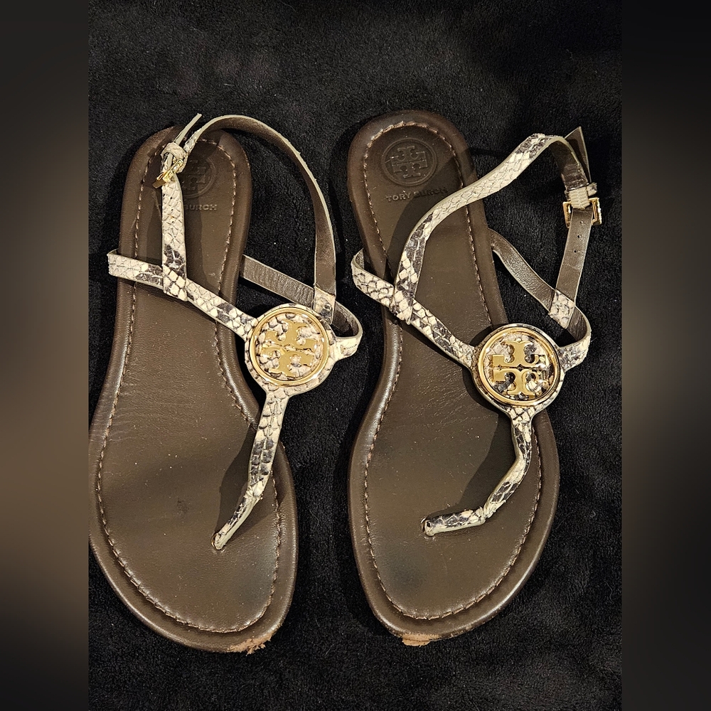 Tory Burch Brown Leather Sandals with Gold Logo & Snake-Print Straps